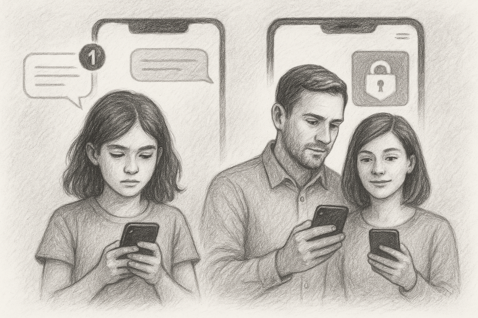 Illustration of couple using protected numbers in a private messaging screens setting, with a determined mood.