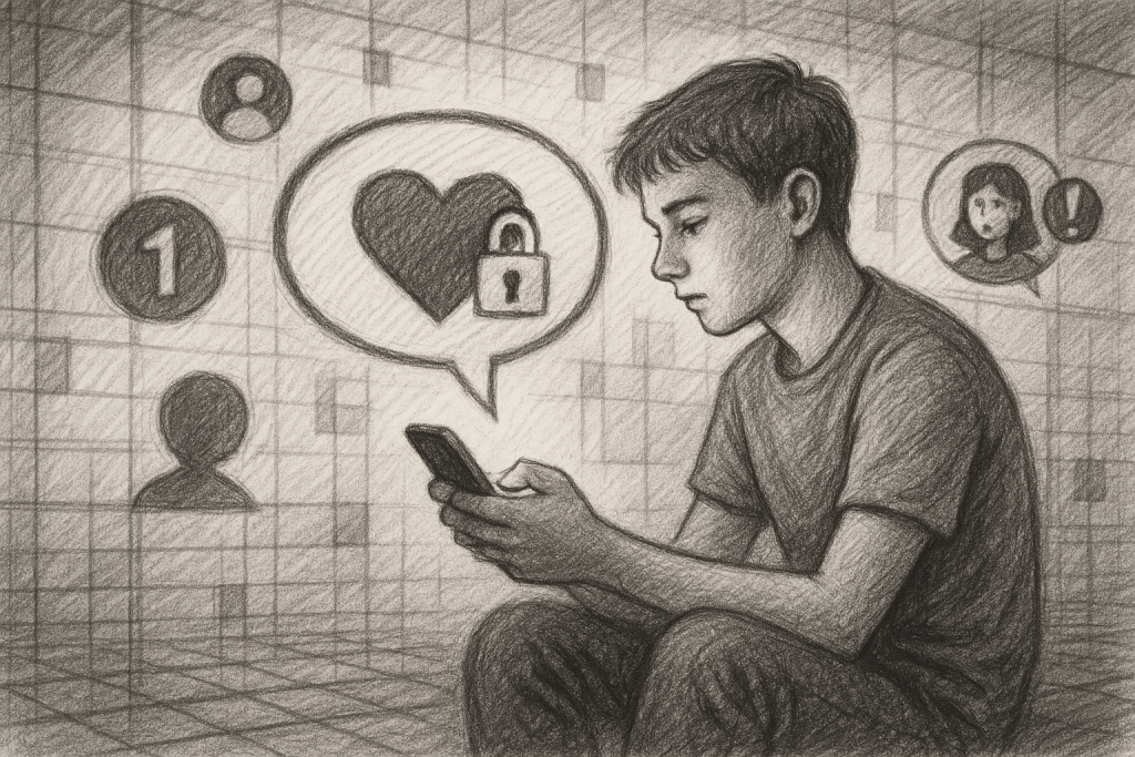 Illustration of young adult sending private message in a abstract data grid setting, with a focused mood.