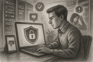 Illustration of privacy shield icon on screen in a cybersecurity server room setting, with a determined mood.