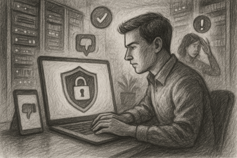 Illustration of privacy shield icon on screen in a cybersecurity server room setting, with a determined mood.