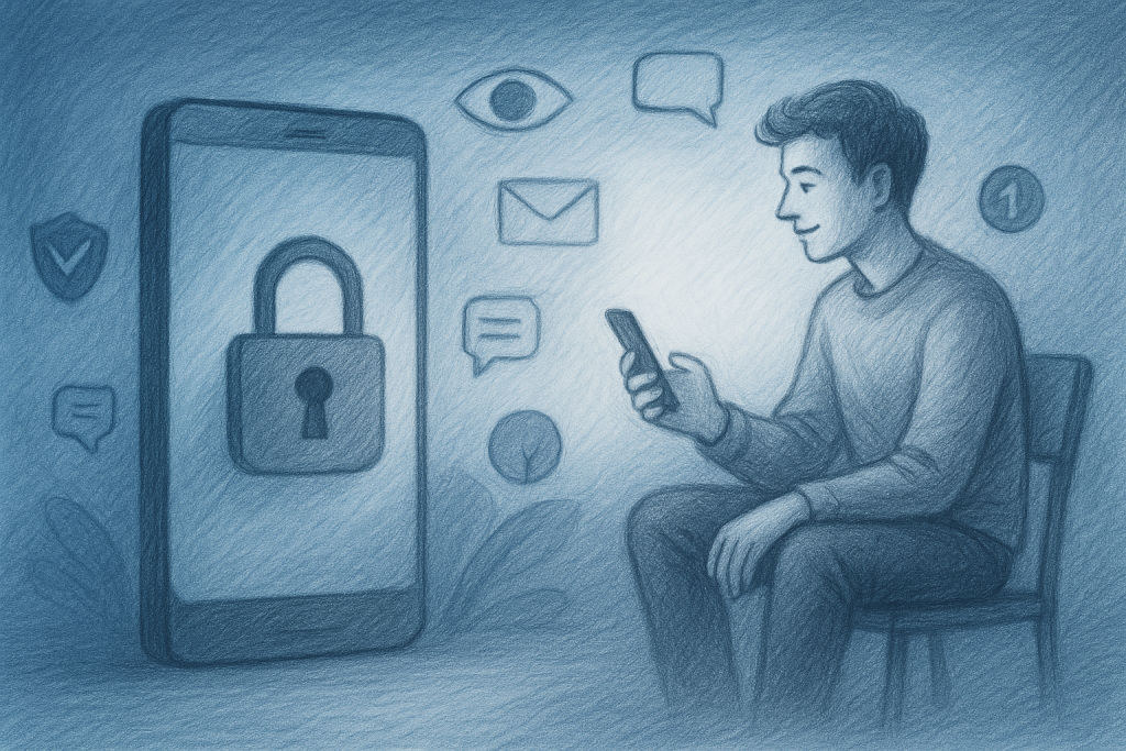 Illustration of mobile phone with lock symbol in a blue gradient tech design setting, with a relaxed mood.