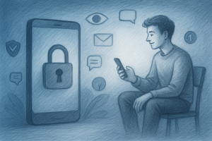 Illustration of mobile phone with lock symbol in a blue gradient tech design setting, with a relaxed mood.