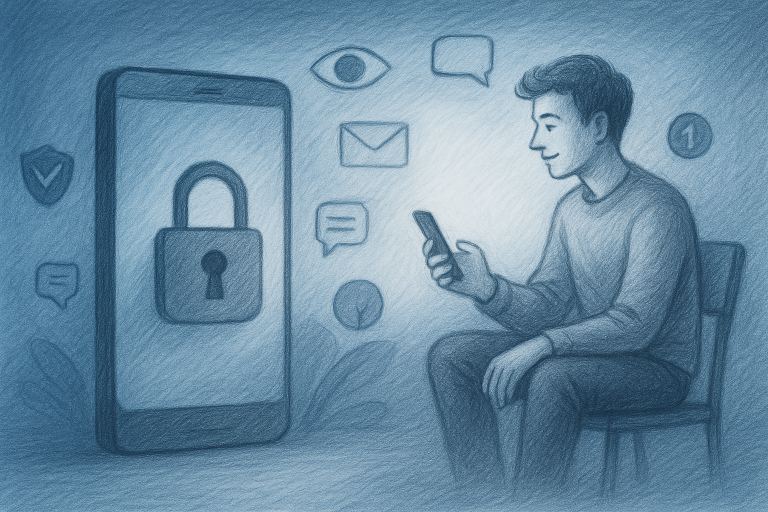 Illustration of mobile phone with lock symbol in a blue gradient tech design setting, with a relaxed mood.