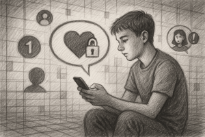 Illustration of young adult sending private message in a abstract data grid setting, with a focused mood.