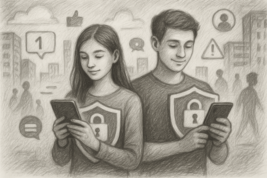 Illustration of couple using protected numbers in a urban digital environment setting, with a creative mood.