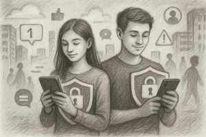 Illustration of couple using protected numbers in a urban digital environment setting, with a creative mood.