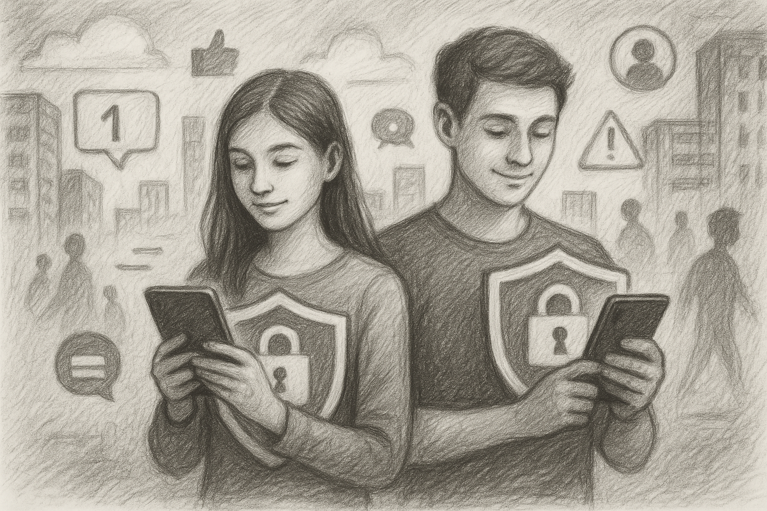 Illustration of couple using protected numbers in a urban digital environment setting, with a creative mood.