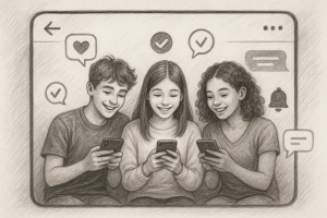 Illustration of teens browsing apps securely in a private messaging screens setting, with a happy mood.