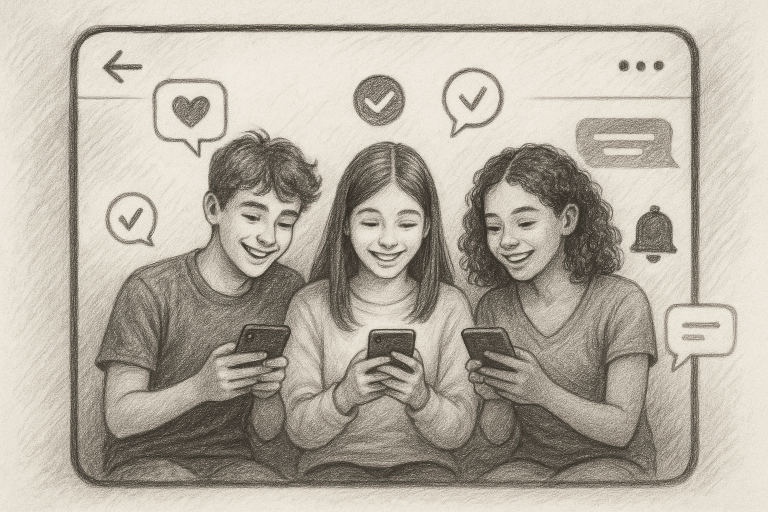 Illustration of teens browsing apps securely in a private messaging screens setting, with a happy mood.