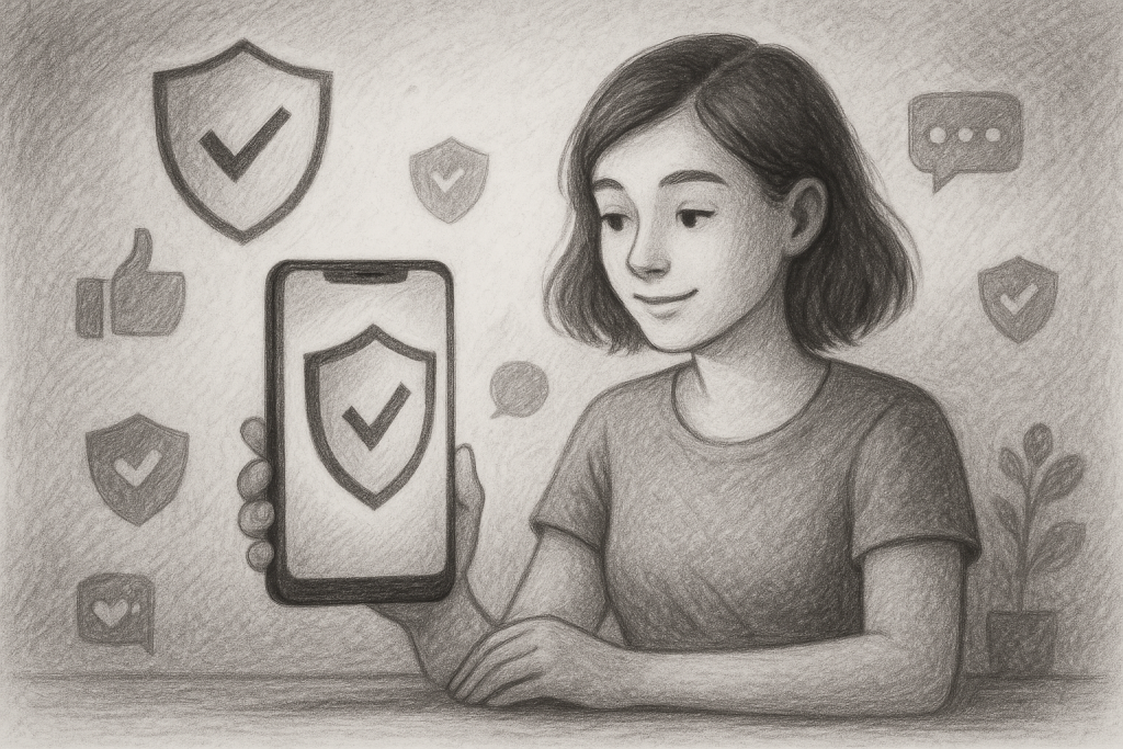 Illustration of privacy shield icon on screen in a shield icons over data setting, with a relaxed mood.
