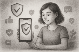 Illustration of privacy shield icon on screen in a shield icons over data setting, with a relaxed mood.