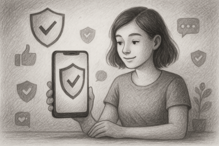 Illustration of privacy shield icon on screen in a shield icons over data setting, with a relaxed mood.