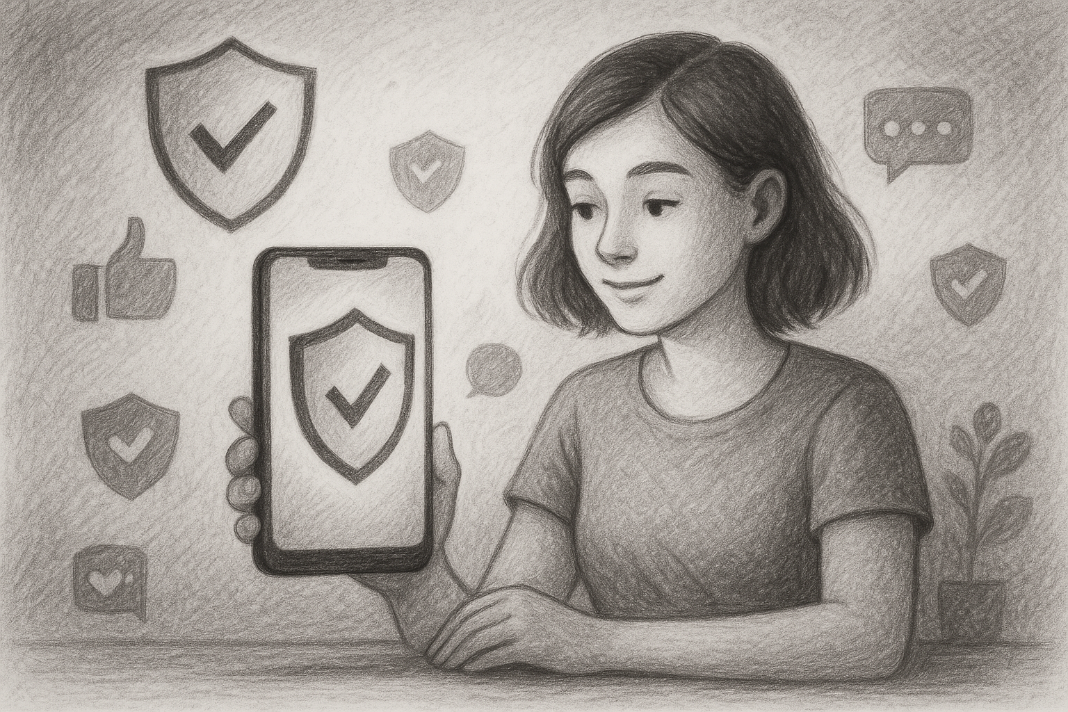 Illustration of privacy shield icon on screen in a shield icons over data setting, with a relaxed mood.
