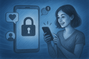 Illustration of mobile phone with lock symbol in a blue gradient tech design setting, with a inspired mood.