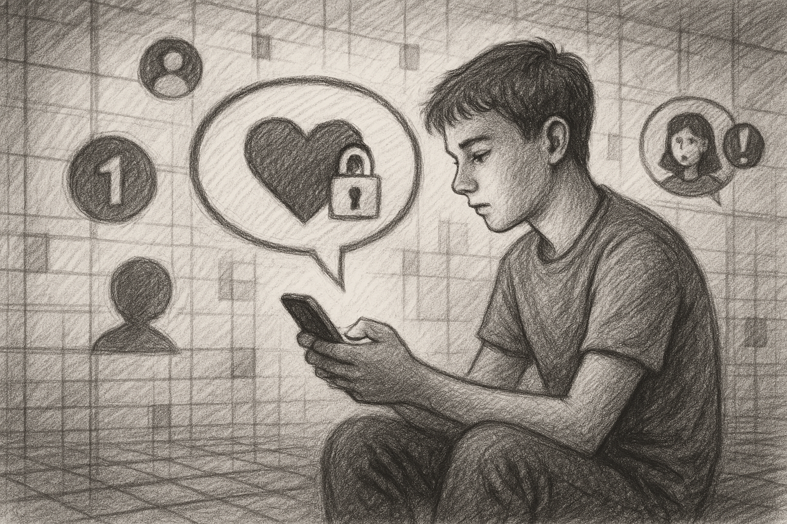 Illustration of young adult sending private message in a abstract data grid setting, with a focused mood.